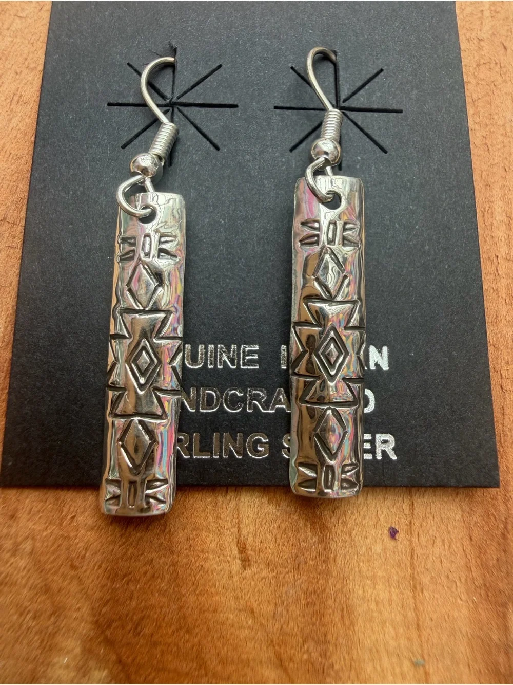 Navajo handmade 925 Sterling Silver Textured Bar Dangle Earrings - Silver